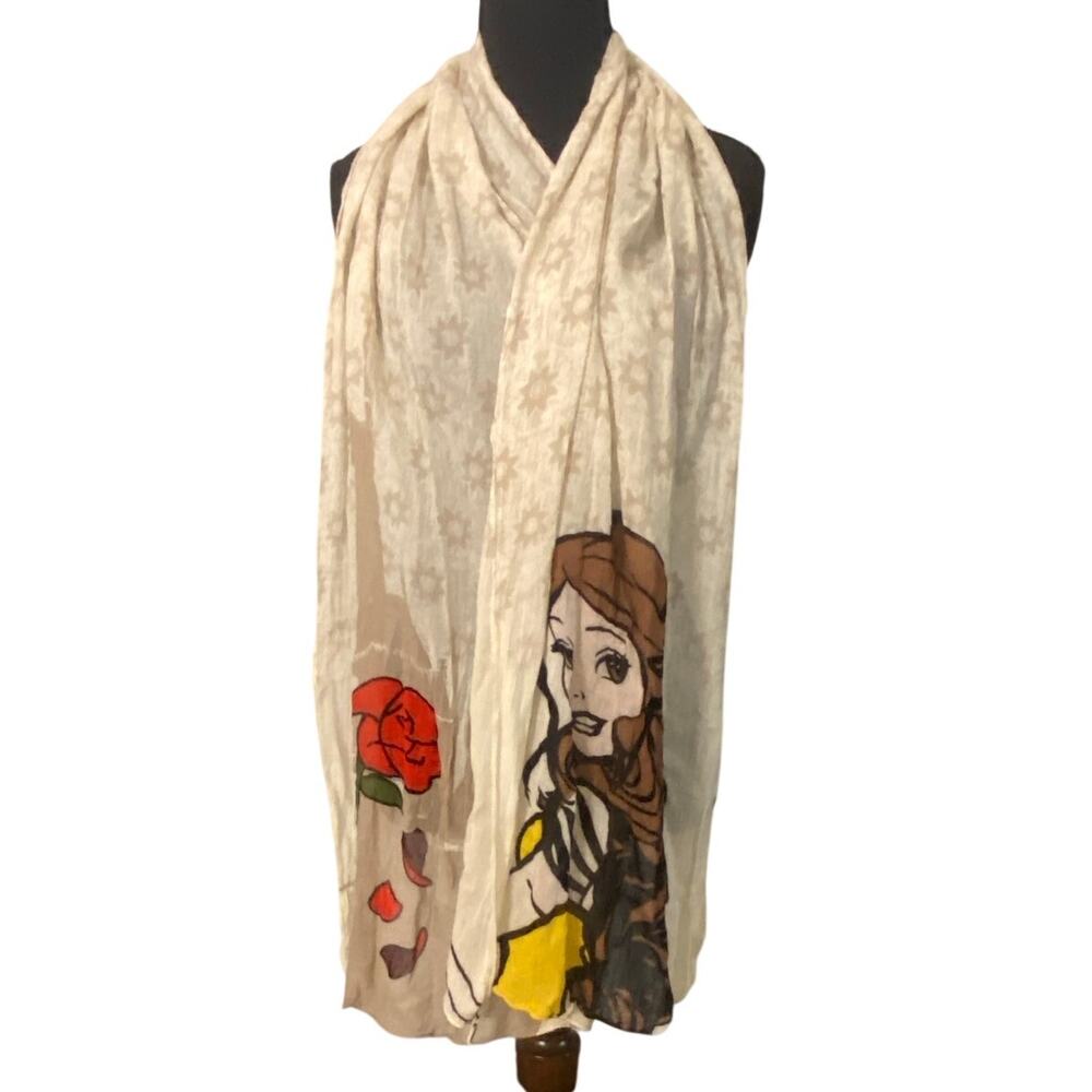 Disney Parks Beauty and the Beast Scarf Belle Rose Castle Print Rayon Wrap Sheer
